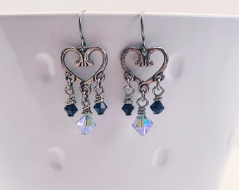 Antique Silver Heart Chandelier Earrings with Navy Swarovski Crystals