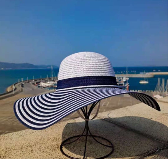 Hepburn Blue&white Striped Big Brim Straw Hat ,women Summer Outing Sun Visor  Holiday Hat ,seaside Beach Hat ,straw Sun Uv Protection Hat 