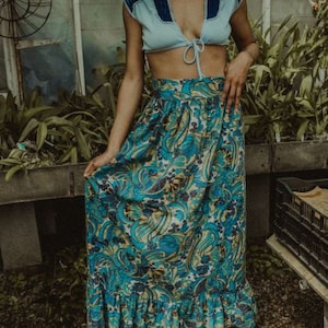 1960s Vintage Skirt Maxi Bohemian Blue Cotton - Size Medium 29” Waist | Boho Style | Haute Hippie | Prairie Skirt | Curated by Groovy Haus