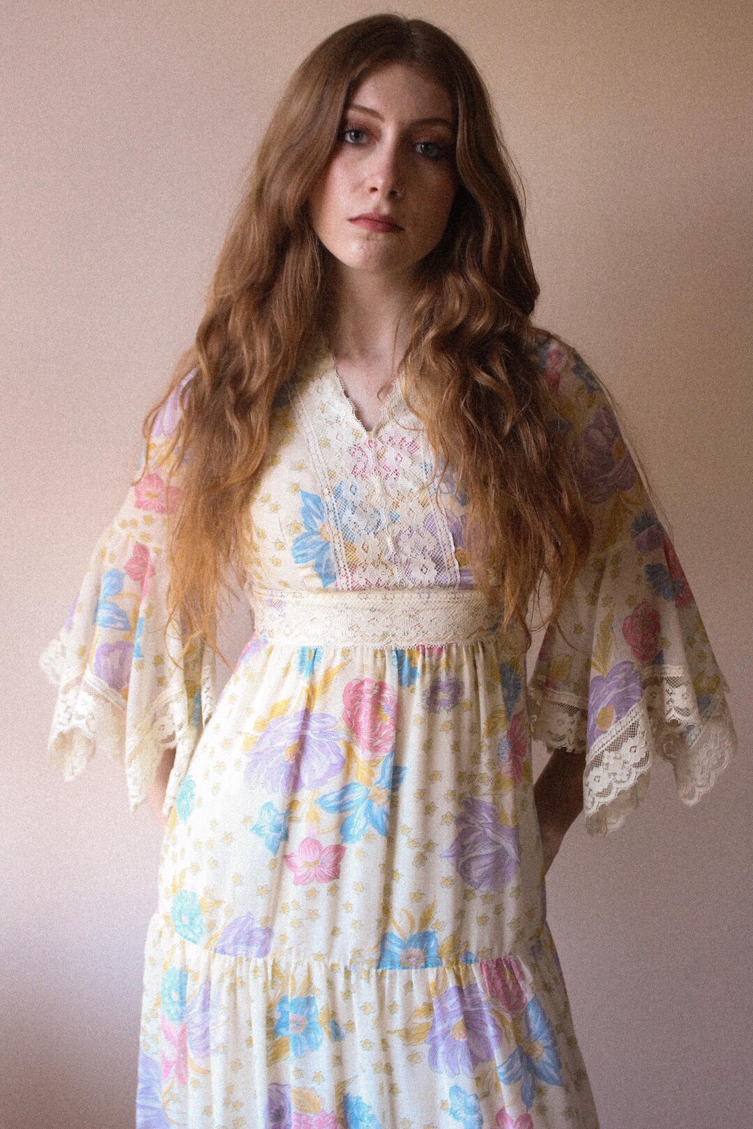 70s Vintage Floral Maxi Dress Boho Angel Sleeve Size XS - Etsy