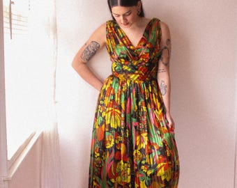 70er Vintage schwarzes Blumenkleid Midikleid - Size M