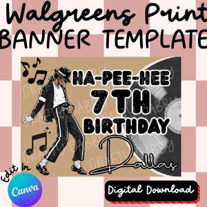 May include: A digital banner template featuring a tan background with a graphic of a performer in a black suit and fedora, musical notes, and a vinyl record. The text reads Walgreens Print BANNER TEMPLATE, HA-PEE-HEE 7 TH BIRTHDAY Dallas.