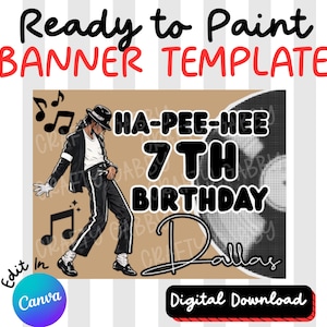 Könnte beinhalten: Eine digitale Bannervorlage mit beigem Hintergrund, einer Grafik eines Künstlers in schwarzem Anzug und Fedora, Noten und einer Schallplatte. Der Text lautet Ready to Paint BANNER TEMPLATE, HA-PEE-HEE 7TH BIRTHDAY Dallas und Edit In Canva.