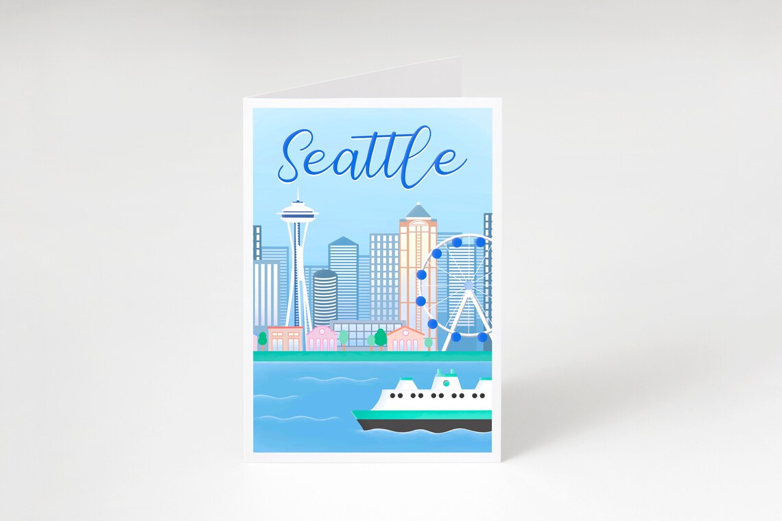 Seattle Greeting Card, Seattle Card, Seattle Gift, Seattle Illustrated