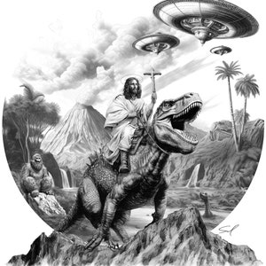 Jesus Riding Dinosaur T Shirt UFO Bigfoot Loch Ness Monster Alien T Shirt Funny Shirts Men Women Guys Novelty Tee Funny T Shirt Gift