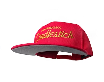 San Francisco 90s Football Hat | Candlestick Park Vintage Style Embroidered Red Snapback Cap with Gold Script Lettering