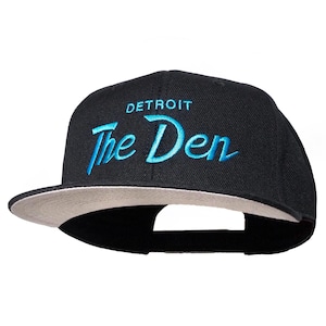 Detroit 90s Football Hat | The Den Vintage Snapback Cap in Black with Blue Embroidered Script Lettering