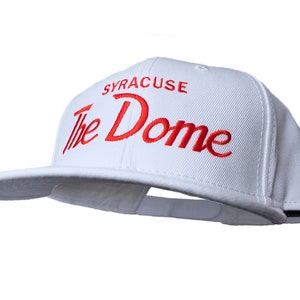 Syracuse 90s Hat | The Dome Vintage-Style Embroidered White Snapback Cap with Orange Script Lettering