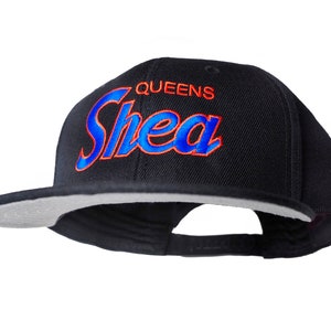 New York 90s Baseball Hat | Shea Stadium Vintage Snapback Cap in Black with Blue and Orange Embroidered Script Lettering