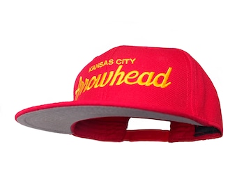 Kansas City 90s Hat | Arrowhead Vintage Style Embroidered Red Snapback Cap with Yellow Script