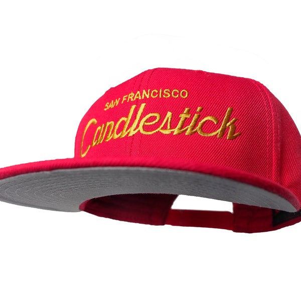 San Francisco 90s Football Hat | Candlestick Park Vintage Style Embroidered Red Snapback Cap with Gold Script Lettering
