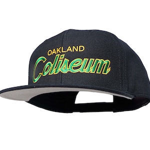 Oakland 90s Baseball Hat | The Coliseum Vintage-Style Embroidered Black Snapback Cap with Yellow and Green Script Lettering