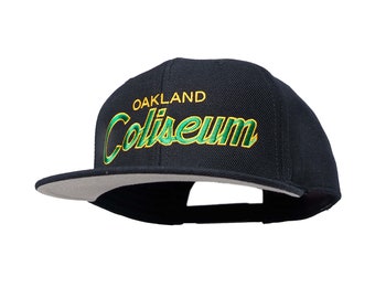 Oakland 90s Baseball Hat | The Coliseum Vintage-Style Embroidered Black Snapback Cap with Yellow and Green Script Lettering