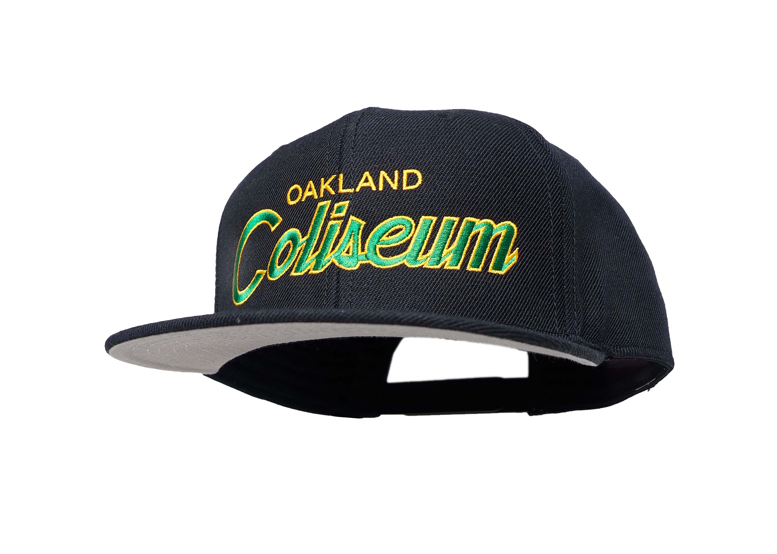 Oakland 90s Baseball Hat | The Coliseum Vintage-Style Embroidered Black Snapback Cap with Yellow and Green Script Lettering