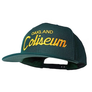 Oakland 90s Baseball Hat | The Coliseum Vintage-Style Embroidered Green Snapback Cap with Yellow Script Lettering