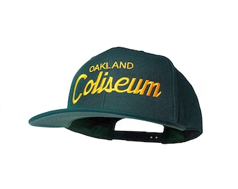 Oakland 90s Baseball Hat | The Coliseum Vintage-Style Embroidered Green Snapback Cap with Yellow Script Lettering