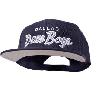 Dallas 90s Hat | Dem Boys Embroidered Navy Snapback Cap with Silver and White Script Lettering
