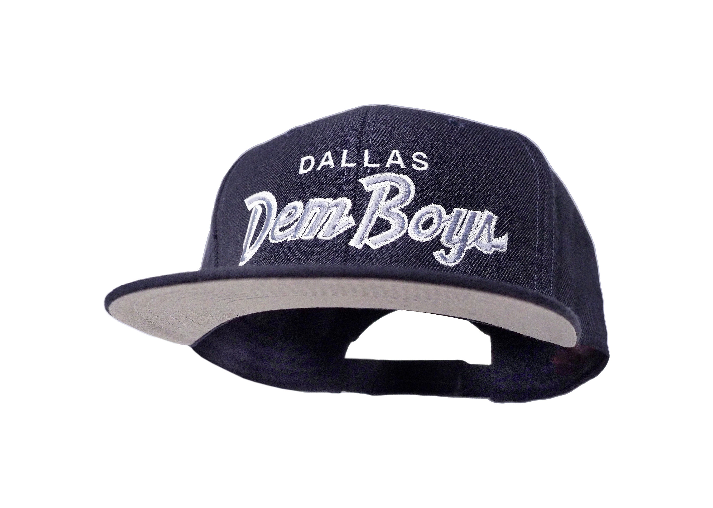 Dallas 90s Hat | Dem Boys Embroidered Navy Snapback Cap with Silver and White Script Lettering