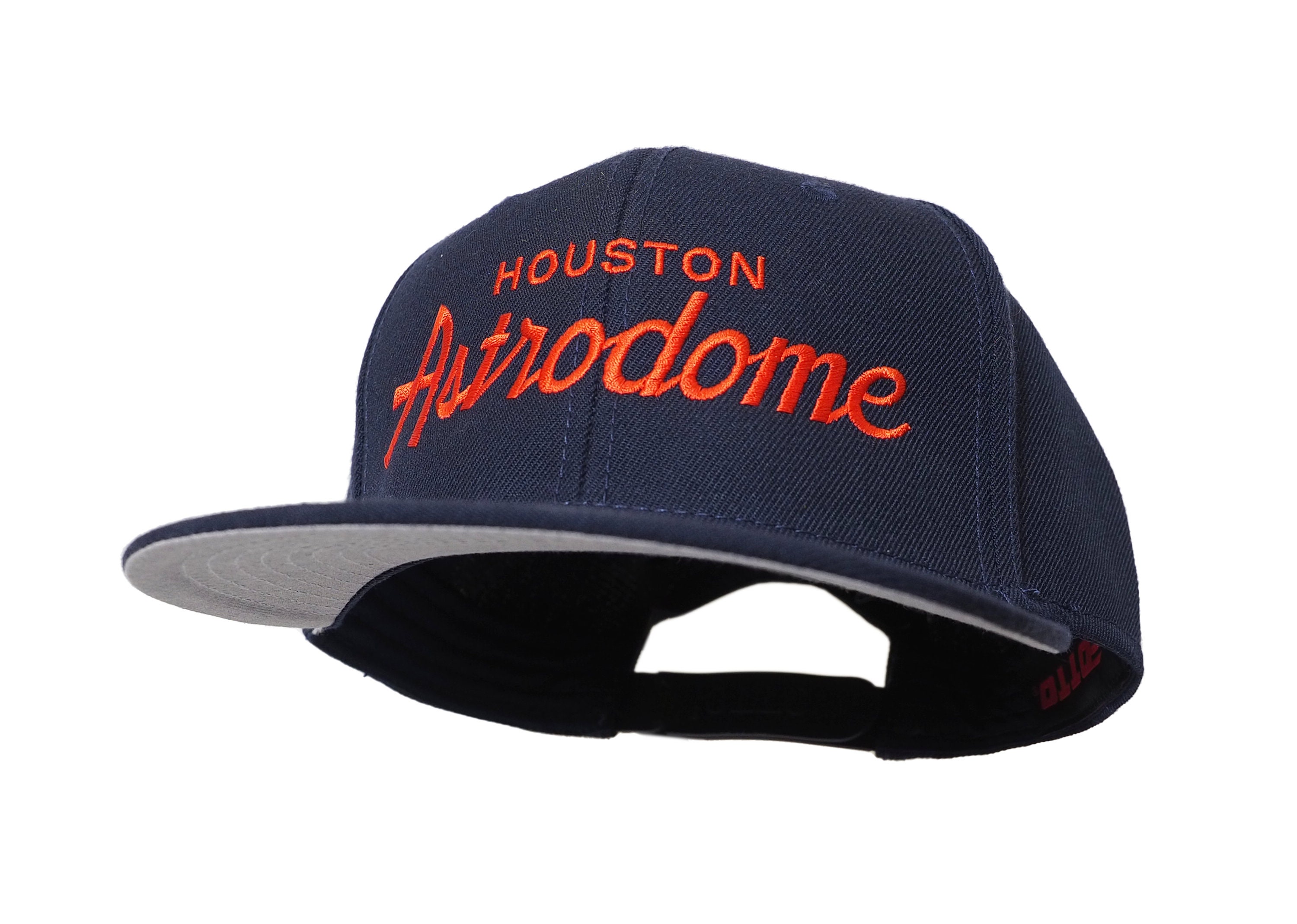 Houston 90s Baseball Hat | Astrodome Vintage Style Embroidered Blue Snapback Cap with Orange Script Lettering