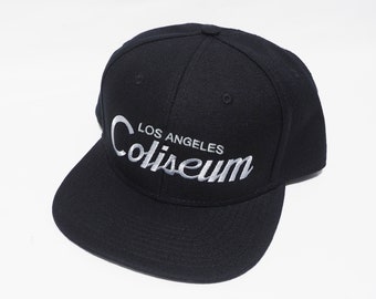Los Angeles 90s Hat | The Coliseum Vintage-Style Embroidered Black Snapback Cap with Grey Script Lettering | 90’s Football SnapBack