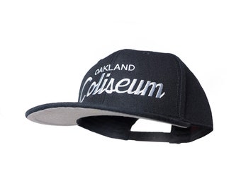 Oakland 90s Football Hat | The Coliseum Vintage-Style Embroidered Black Snapback Cap with Grey Script Lettering