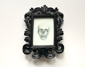 Skull Drawing Print, Black Baroque Picture Frame, Gothic Victorian Decor