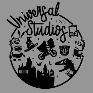May include: A black circular graphic design on a gray background featuring the text Universal Studios in a script font. The design includes silhouettes of a bicycle, a castle, a dinosaur, a robot face, a hat, glasses, and cartoon characters.