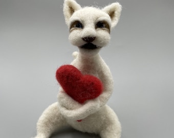 Grace the Needle-Felted cat with felted heart. Felted Animals. Wool cat. Cat Sculpture. Felted Cat.