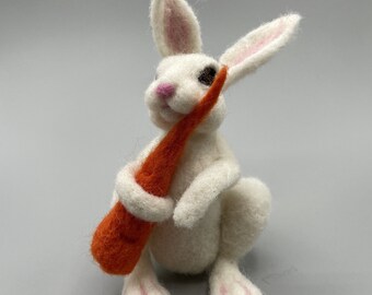 Angel the Needle-Felted Hare/Rabbit with felted carrot. Woodland Animals. Wool Rabbit. Hare Sculpture. Forest Animals. Felt Animals.