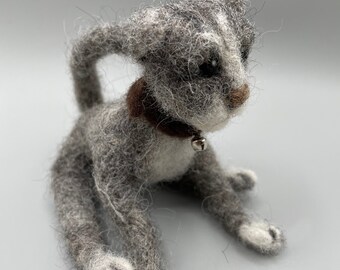 Timothy the Needle-Felted Cat with a bell. Needle-Felted Sculpture. Cat. Pet. Wool Sculpture. Felt Animals.