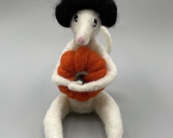 Raven, the Needle-Felted Mouse with felted pumpkin. Woodland Animals. Wool Mouse. Mouse Sculpture. Forest Animals. Felt Animals.