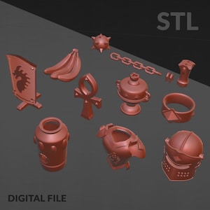 Puede incluir: Una colección de archivos STL impresos en 3D para juegos de mesa. Los archivos incluyen un escudo, una corona, un cáliz, un conjunto de plátanos, una bola con púas, una cadena, un anillo, un bastón, un ankh y una armadura. Los archivos están disponibles para descargar como un archivo digital.
