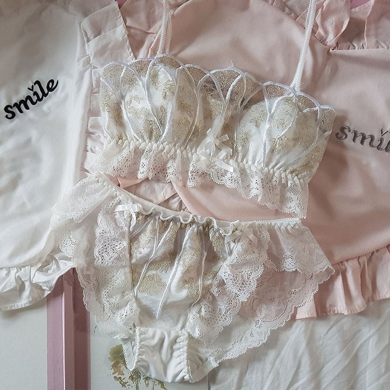 Lolita Retro Lingerie Set Lace Front Buckle Underwear Flower Etsy