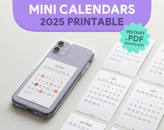 Mini calendari / 2025 A4 stampabile / Planner mensile / Calendario minimalista / Lunedì e domenica / Download PDF immediato