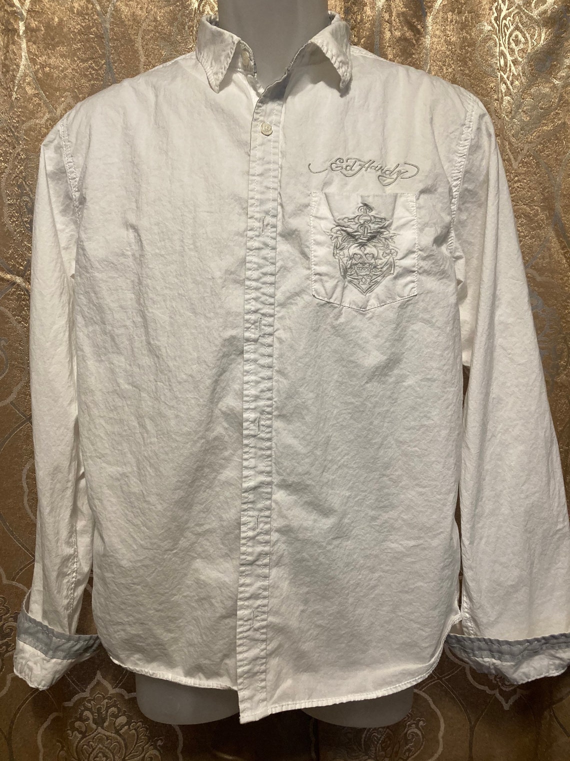 ED HARDY White vintage Button up dress shirt with logo on | Etsy