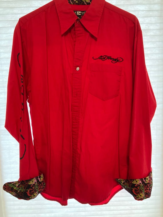 ED HARDY Vintage Button up Dress Shirt With Logo on Front & Back Accent  Collar and Cuffs - Etsy