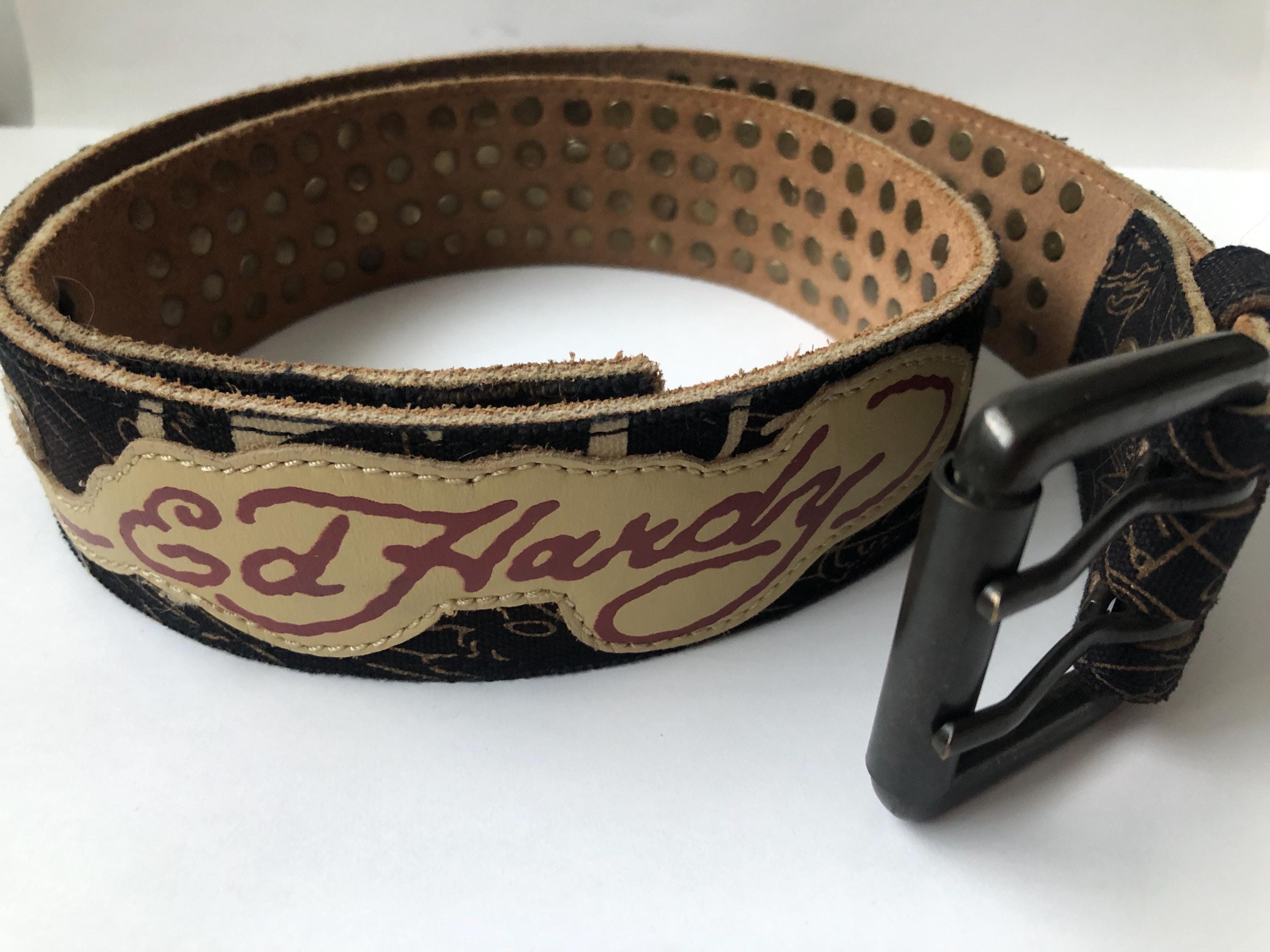 NWT Vintage Ed Hardy Tattoo Prints and Embroideries Leather Belt Unisex M​ Ed Hardy Y2K Fish Tattoo Vintage Blue Belt Adjustable Length  main image 3
