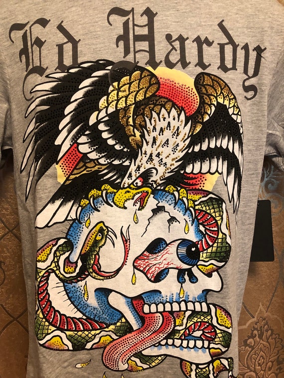ED HARDY Vintage T Shirt Eagle and Skull Graphic Ed Hardy Short