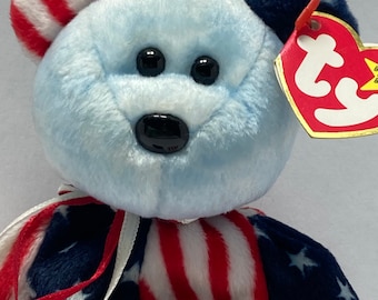 Original 1999 Ty SPANGLE Beanie Babies Red White Blue PATRIOTIC Bear White & Blue Face very HTF Fast Free Shipping