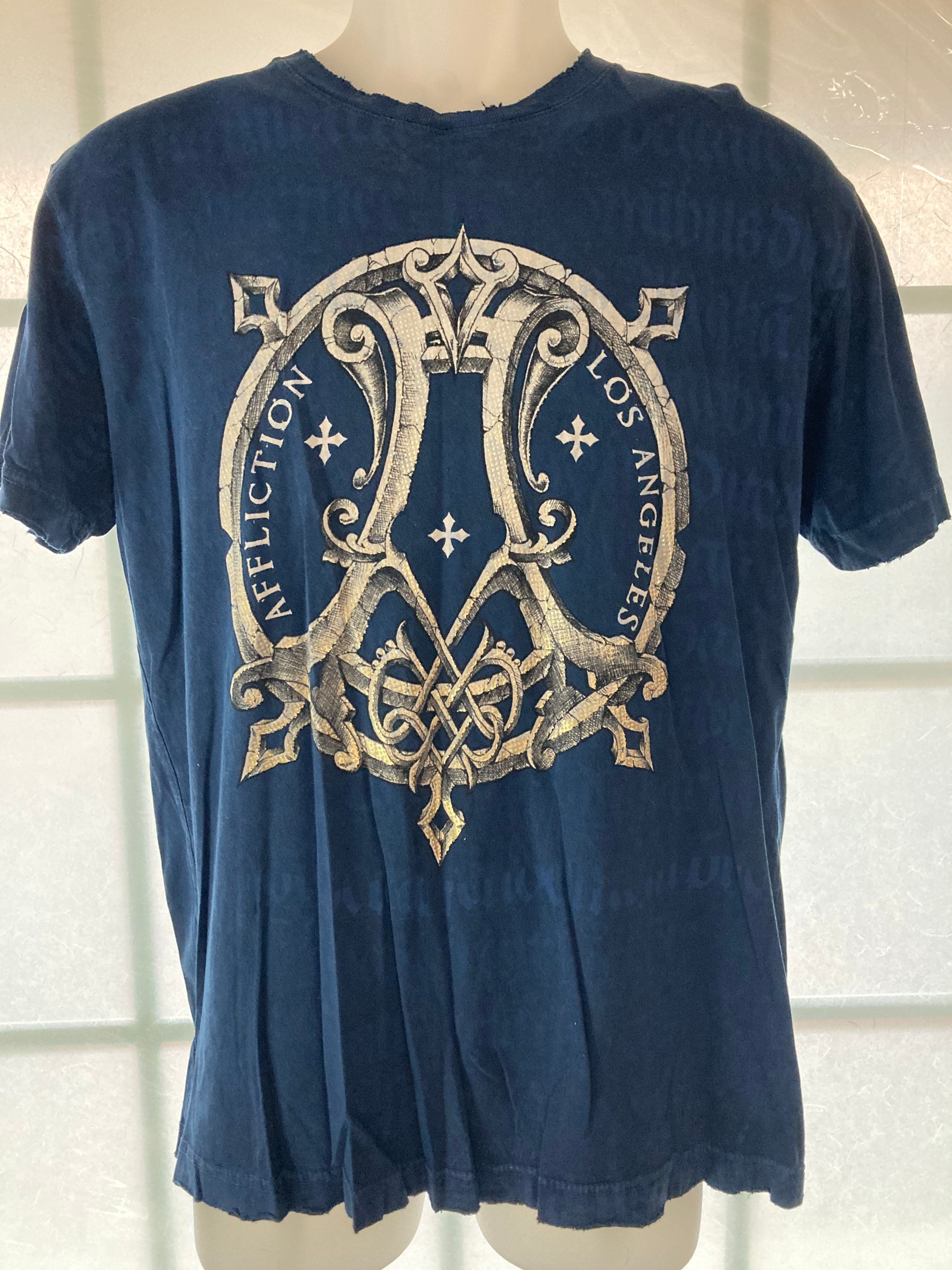 Chemise Affliction Homme Manches Courtes XL Bleue - Occasion Très Bon état, Style Rock/moto