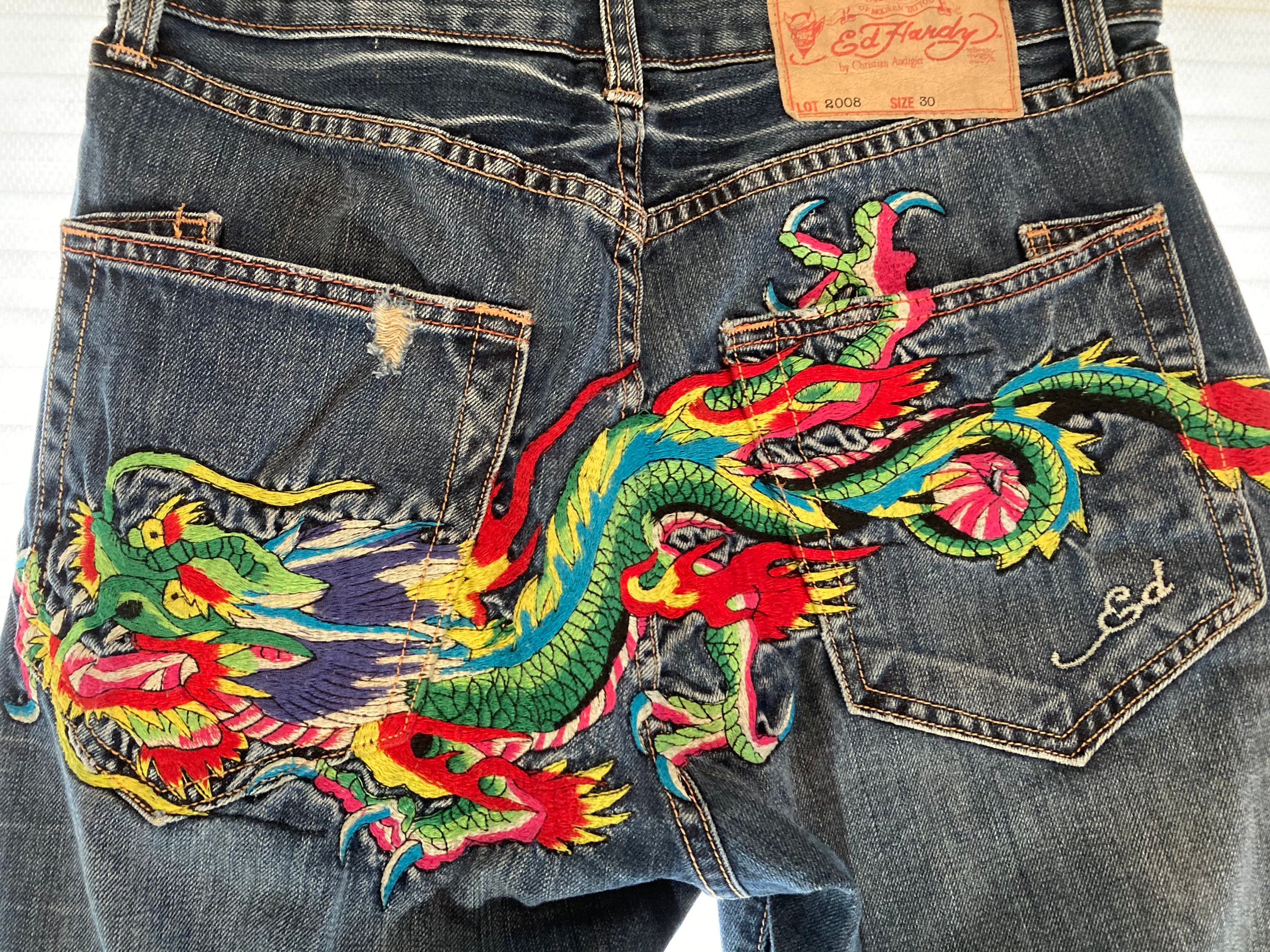 ED HARDY JEANS Mens Stonewashed Dragon Embroider Design - Etsy