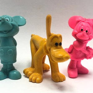 1970s Walt Disney Productions 2 1/2&quot;  Rubber MICKEY, MINNIE and PLUTO Made in Hong Kong Free Shipping.
