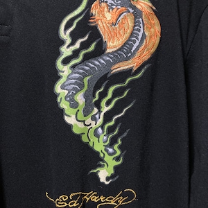 Ed Hardy by Christian Audigier Black polo shirt with vivid embroidered graphics size XL