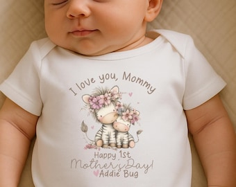 Personalized Baby Onesie for First Mother’s Day | Custom Gift from Baby to Mommy | I Love You Mommy and Baby Zebra| Short or Long Sleeve