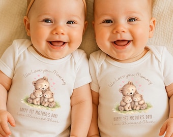 Personalized Baby Onesie for Twins for First Mother’s Day–Mommy Bear w Two Baby Bears and Hearts NOT A SET Sold Individually