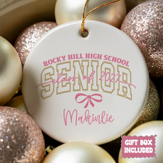 Personalized Pink Coquette Senior 2027 Graduation Ornament; Pink Bow and Gold Design; Customize with Senior's Name and School; Retro Font