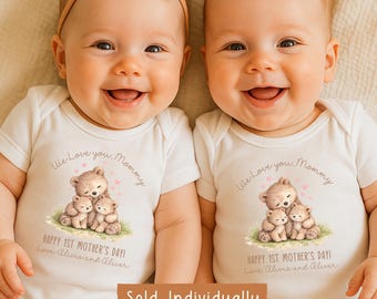 Personalized Baby Onesie for First Mother’s Day–Mommy Bear w Two Twin Baby Bears and Hearts - NOT A SET- Sold Individually
