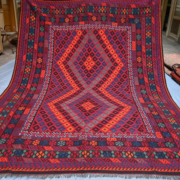 Large Kilim Area Rug, 11.8 x 8.7 Ft, Afghan Handmade Kilim Rug • Afghan Vintage Kilim Rug • Maimana Kilim Rugs • 9x12 Afghan Kilim