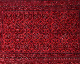 Alfombra afgana de lana turcomana hecha a mano: diseño tribal de Bokhara, 10,0 x 6,9 pies.