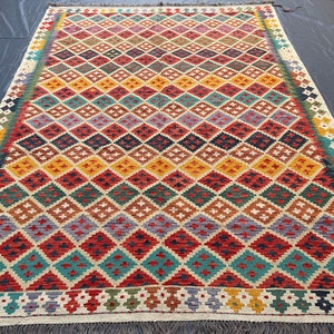 7x10 ft Afghan Kilim Rug, Handmade Wool Flatweave, Natural Vegetable dyes Turkmen Oriental Rug, Turquoise Green Red Kilim, Living room Rug